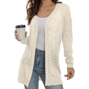 image:imageGRECERELLE Lightweight Cardigan Sweaters for Women Crochet Knit Open Front Long Sleeve Loose Casual Boho Summer Beach CoverupApricot