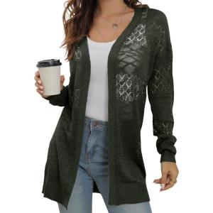 image:imageGRECERELLE Lightweight Cardigan Sweaters for Women Crochet Knit Open Front Long Sleeve Loose Casual Boho Summer Beach CoverupArmy Green