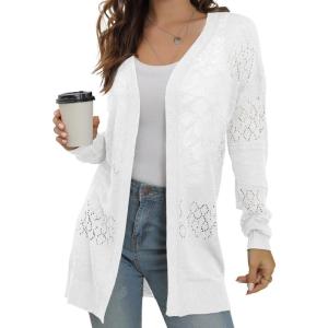 image:imageGRECERELLE Lightweight Cardigan Sweaters for Women Crochet Knit Open Front Long Sleeve Loose Casual Boho Summer Beach CoverupAwhite