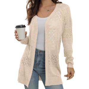 image:imageGRECERELLE Lightweight Cardigan Sweaters for Women Crochet Knit Open Front Long Sleeve Loose Casual Boho Summer Beach CoverupBeige