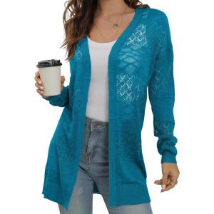 image:imageGRECERELLE Lightweight Cardigan Sweaters for Women Crochet Knit Open Front Long Sleeve Loose Casual Boho Summer Beach CoverupBlue