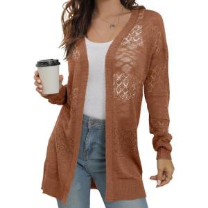 image:imageGRECERELLE Lightweight Cardigan Sweaters for Women Crochet Knit Open Front Long Sleeve Loose Casual Boho Summer Beach CoverupCaramel