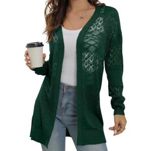 image:imageGRECERELLE Lightweight Cardigan Sweaters for Women Crochet Knit Open Front Long Sleeve Loose Casual Boho Summer Beach CoverupDark Green