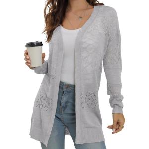 image:imageGRECERELLE Lightweight Cardigan Sweaters for Women Crochet Knit Open Front Long Sleeve Loose Casual Boho Summer Beach CoverupGray