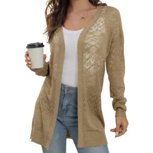 image:imageGRECERELLE Lightweight Cardigan Sweaters for Women Crochet Knit Open Front Long Sleeve Loose Casual Boho Summer Beach CoverupKhaki
