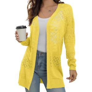 image:imageGRECERELLE Lightweight Cardigan Sweaters for Women Crochet Knit Open Front Long Sleeve Loose Casual Boho Summer Beach CoverupLemon Yellow
