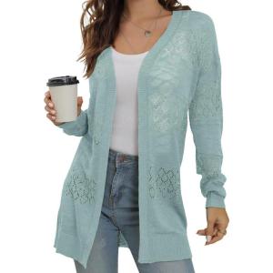image:imageGRECERELLE Lightweight Cardigan Sweaters for Women Crochet Knit Open Front Long Sleeve Loose Casual Boho Summer Beach CoverupLight Green
