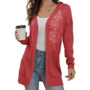 image:imageGRECERELLE Lightweight Cardigan Sweaters for Women Crochet Knit Open Front Long Sleeve Loose Casual Boho Summer Beach CoverupOrange Red