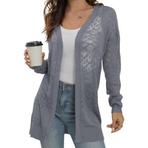 image:imageGRECERELLE Lightweight Cardigan Sweaters for Women Crochet Knit Open Front Long Sleeve Loose Casual Boho Summer Beach CoverupPencil Gray