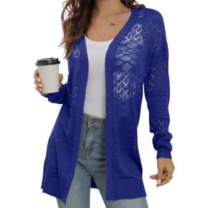 image:imageGRECERELLE Lightweight Cardigan Sweaters for Women Crochet Knit Open Front Long Sleeve Loose Casual Boho Summer Beach CoverupRoyal Blue