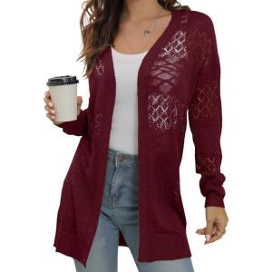 image:imageGRECERELLE Lightweight Cardigan Sweaters for Women Crochet Knit Open Front Long Sleeve Loose Casual Boho Summer Beach CoverupWine Red