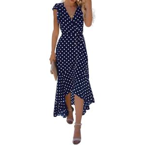 image:imageGRECERELLE 2026 Womens Spring Summer Boho Floral Print VNeck Faux Wrap Maxi Dress for Wedding Guest Graduation Party01 Polka Dotsnavy Blue