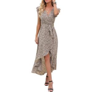 image:imageGRECERELLE 2026 Womens Spring Summer Boho Floral Print VNeck Faux Wrap Maxi Dress for Wedding Guest Graduation Party03 Fp Floret Coffee