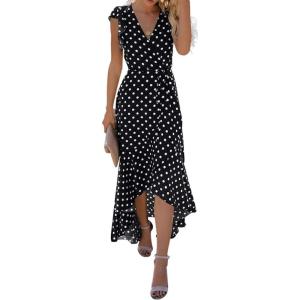 image:imageGRECERELLE 2026 Womens Spring Summer Boho Floral Print VNeck Faux Wrap Maxi Dress for Wedding Guest Graduation Party05 Polka Dotsblack