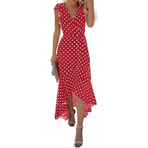 image:imageGRECERELLE 2026 Womens Spring Summer Boho Floral Print VNeck Faux Wrap Maxi Dress for Wedding Guest Graduation Party09 Polka Dotsred