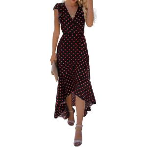 image:imageGRECERELLE 2026 Womens Spring Summer Boho Floral Print VNeck Faux Wrap Maxi Dress for Wedding Guest Graduation Party12 Polka Dotsred Black