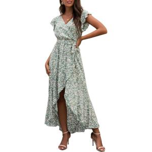image:imageGRECERELLE 2026 Womens Spring Summer Boho Floral Print VNeck Faux Wrap Maxi Dress for Wedding Guest Graduation Party13 Fp Lily Green