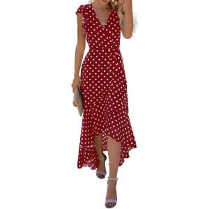 image:imageGRECERELLE 2026 Womens Spring Summer Boho Floral Print VNeck Faux Wrap Maxi Dress for Wedding Guest Graduation Party14 Polka Dotswine Red