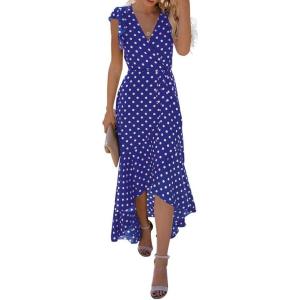 image:imageGRECERELLE 2026 Womens Spring Summer Boho Floral Print VNeck Faux Wrap Maxi Dress for Wedding Guest Graduation Party18 Polka Dotsroyal Blue