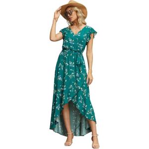 image:imageGRECERELLE 2026 Womens Spring Summer Boho Floral Print VNeck Faux Wrap Maxi Dress for Wedding Guest Graduation Party19 Fp Dark Green
