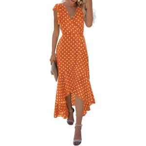 image:imageGRECERELLE 2026 Womens Spring Summer Boho Floral Print VNeck Faux Wrap Maxi Dress for Wedding Guest Graduation Party21 Polka Dotsorange
