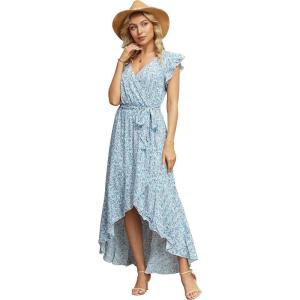 image:imageGRECERELLE 2026 Womens Spring Summer Boho Floral Print VNeck Faux Wrap Maxi Dress for Wedding Guest Graduation Party26 Fp Floret Blue
