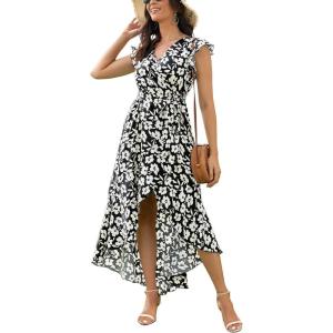 image:imageGRECERELLE 2026 Womens Spring Summer Boho Floral Print VNeck Faux Wrap Maxi Dress for Wedding Guest Graduation Party28 Fp Big Lily Black