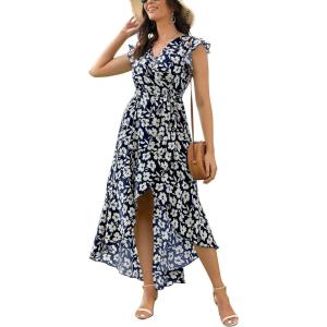 image:imageGRECERELLE 2026 Womens Spring Summer Boho Floral Print VNeck Faux Wrap Maxi Dress for Wedding Guest Graduation Party29 Fp Big Lily Navy