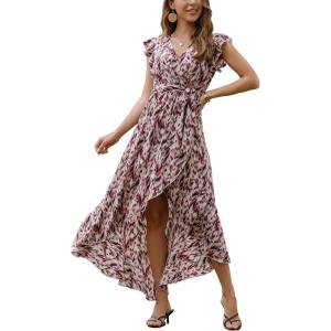 image:imageGRECERELLE 2026 Womens Spring Summer Boho Floral Print VNeck Faux Wrap Maxi Dress for Wedding Guest Graduation Party40 Fp Brindle Purple Gray