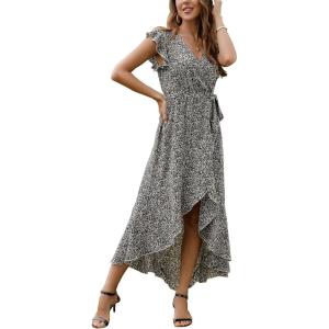 image:imageGRECERELLE 2026 Womens Spring Summer Boho Floral Print VNeck Faux Wrap Maxi Dress for Wedding Guest Graduation PartyFloret Black