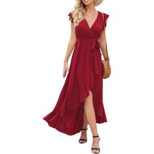 image:imageGRECERELLE 2026 Womens Spring Summer Boho Floral Print VNeck Faux Wrap Maxi Dress for Wedding Guest Graduation Party08 Wine Red