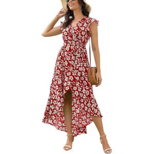 image:imageGRECERELLE 2026 Womens Spring Summer Boho Floral Print VNeck Faux Wrap Maxi Dress for Wedding Guest Graduation Party25 Fp Big Lily Red