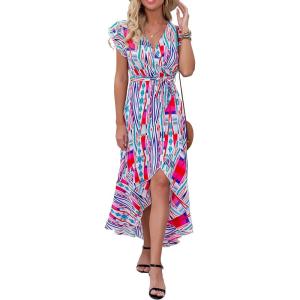 image:imageGRECERELLE 2026 Womens Spring Summer Boho Floral Print VNeck Faux Wrap Maxi Dress for Wedding Guest Graduation Party41 Fp Multicolor Blue Green