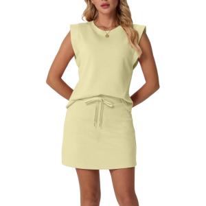 image:imageGRECERELLE 2026 Womens Summer 2 Piece Skort Set Cap Sleeve Round Neck Top amp Tennis Skirt with Pockets for Athletic amp CasualButter Yellow