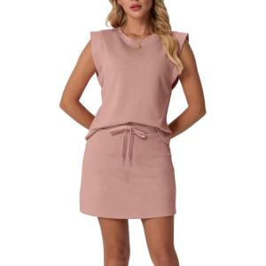 image:imageGRECERELLE 2026 Womens Summer 2 Piece Skort Set Cap Sleeve Round Neck Top amp Tennis Skirt with Pockets for Athletic amp CasualDeep Pink