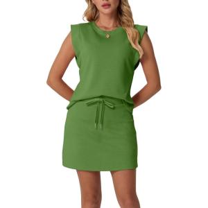 image:imageGRECERELLE 2026 Womens Summer 2 Piece Skort Set Cap Sleeve Round Neck Top amp Tennis Skirt with Pockets for Athletic amp CasualDill Green