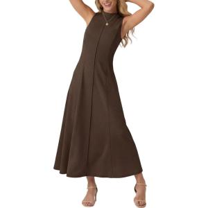 image:imageGRECERELLE Womens 2026 Spring Summer Casual Mock Neck Sleeveless Flared Maxi Dress with Pockets XS  3XLDark Coffee
