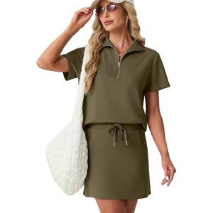 image:imageGRECERELLE Womens Summer 2 Piece Skort Set Half Zip Short Sleeve Top amp Pocketed Tennis Skirt For Sports amp VacationsArmy Green