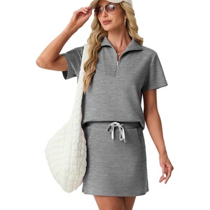 image:imageGRECERELLE Womens Summer 2 Piece Skort Set Half Zip Short Sleeve Top amp Pocketed Tennis Skirt For Sports amp VacationsCharcoal Grey