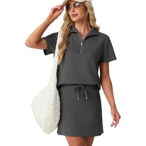 image:imageGRECERELLE Womens Summer 2 Piece Skort Set Half Zip Short Sleeve Top amp Pocketed Tennis Skirt For Sports amp VacationsDark Gray