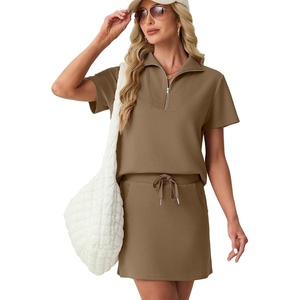 image:imageGRECERELLE Womens Summer 2 Piece Skort Set Half Zip Short Sleeve Top amp Pocketed Tennis Skirt For Sports amp VacationsLight Coffee