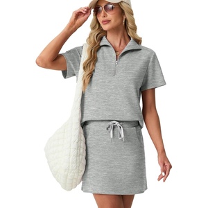 image:imageGRECERELLE Womens Summer 2 Piece Skort Set Half Zip Short Sleeve Top amp Pocketed Tennis Skirt For Sports amp VacationsLight Gray
