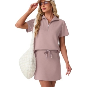 image:imageGRECERELLE Womens Summer 2 Piece Skort Set Half Zip Short Sleeve Top amp Pocketed Tennis Skirt For Sports amp VacationsRose Pink