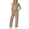 image:imageGRECERELLE Two Piece Set for Women Summer Cap Sleeve Tops Wide Leg Pants Lounge Sets Vacation Travel Outfits with PocketKhaki