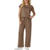 image:imageGRECERELLE Two Piece Set for Women Summer Cap Sleeve Tops Wide Leg Pants Lounge Sets Vacation Travel Outfits with PocketLight Coffee