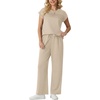 image:imageGRECERELLE Two Piece Set for Women Summer Cap Sleeve Tops Wide Leg Pants Lounge Sets Vacation Travel Outfits with PocketOatmeal