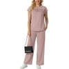image:imageGRECERELLE Two Piece Set for Women Summer Cap Sleeve Tops Wide Leg Pants Lounge Sets Vacation Travel Outfits with PocketRose Pink