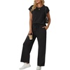 image:imageGRECERELLE Two Piece Set for Women Summer Cap Sleeve Tops Wide Leg Pants Lounge Sets Vacation Travel Outfits with PocketAblack