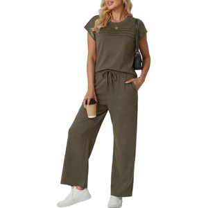 image:imageGRECERELLE Two Piece Set for Women Summer Cap Sleeve Tops Wide Leg Pants Lounge Sets Vacation Travel Outfits with PocketArmy Green