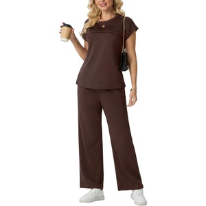 image:imageGRECERELLE Two Piece Set for Women Summer Cap Sleeve Tops Wide Leg Pants Lounge Sets Vacation Travel Outfits with PocketDark Coffee